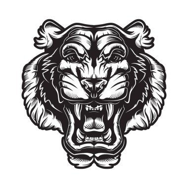 Tiger angry face tattoo. Vector illustration of big cat head. Tiger angry logo. Safari animal.