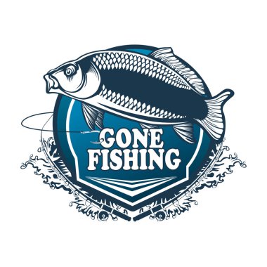 Olta ile carpio balık Vektör illüstrasyon. Vektör illüstrasyon balıkçılık kulüpleri, baskılar, web ve diğer el sanatları için logo ve amblem oluşturmak için kullanılabilir