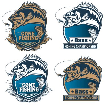 Fishing bass logo. Bass fish with rod club emblem. Fishing theme illustration. Fish Isolated on white.