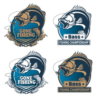 Fishing bass logo. Bass fish with rod club emblem. Fishing theme illustration. Fish Isolated on white.