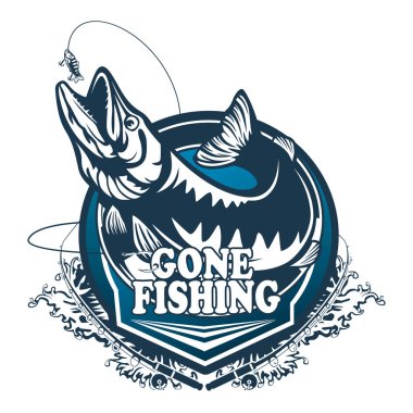 Pike fishing emblem. Pike fish logo vector. Outdoor fishing background theme. Angry fish logo.