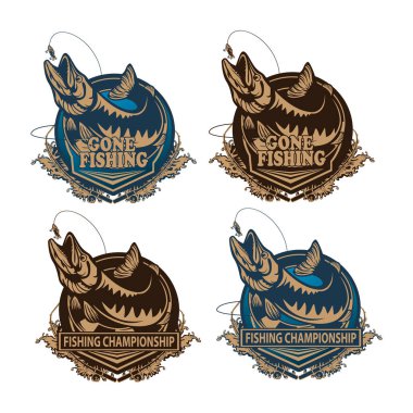 Pike fishing emblem. Pike fish logo vector. Outdoor fishing background theme. Angry fish logo.