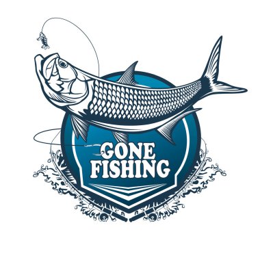 Tarpon fishing emblem. Black and white illustration of tarpon. Vector can be used for web design, cards, logos and other design