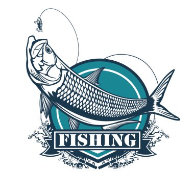 Tarpon fishing emblem. Black and white illustration of tarpon. Vector can be used for web design, cards, logos and other design