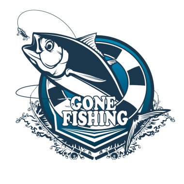 Tuna big fishing logo illustration. Tuna fish fishing vector emblem. Blue fin fish marine theme. Angry fish.