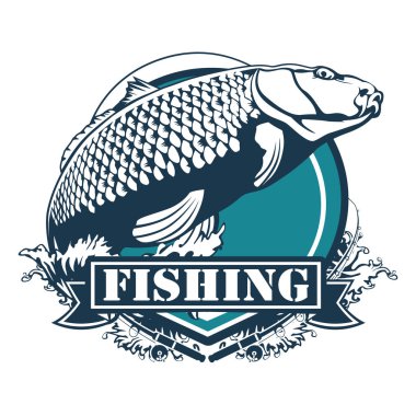 Carp fish. Fishing club sign or emblem. Fisherman sport adventure badge with vector shield shape symbol, fishing rod with float and hook, big carp fish in river water with blue ribbon design.