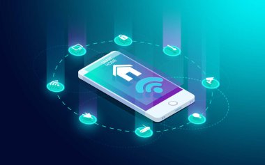 Akıllı ev kontrollü akıllı telefon. İnternet teknolojisi ev otomasyon sistemi. Ekran cep telefonunda duran küçük ev ve ev aletleri ikonlarıyla kablosuz bağlantılar. iot