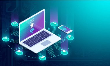 Akıllı ev kontrollü akıllı telefon. İnternet teknolojisi ev otomasyon sistemi. Ekran cep telefonunda duran küçük ev ve ev aletleri ikonlarıyla kablosuz bağlantılar. iot