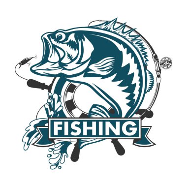 Fishing bass logo. Bass fish with rod club emblem. Fishing theme illustration. Fish Isolated on white.