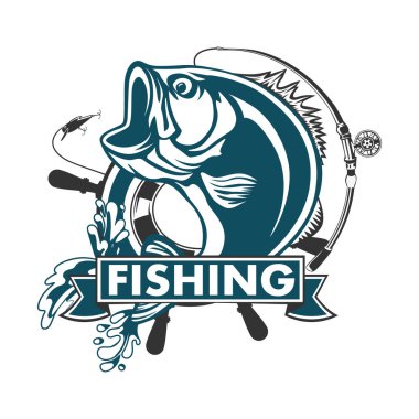 Fishing bass logo. Bass fish with rod club emblem. Fishing theme illustration. Fish Isolated on white.