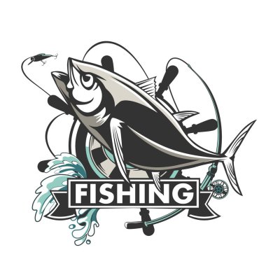 Tuna big fishing logo illustration. Tuna fish fishing vector emblem. Blue fin fish marine theme. Angry fish.