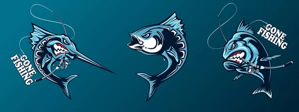 Fishing Set Ocean Fish Marlin Sword Fish Piranha Marine Theme — Stock Vector