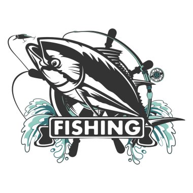Tuna yellow fin, big eye tuna simple emlem isolated on white. Sport fishing club logo. Fishing theme vector illustration.