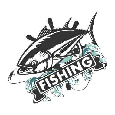 Tuna yellow fin, big eye tuna simple emlem isolated on white. Sport fishing club logo. Fishing theme vector illustration.