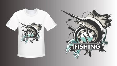 Marlin fish logo shirt mockup.Sword fish fishing emblem for sport club. Angry marlin fishing background theme vector illustration.