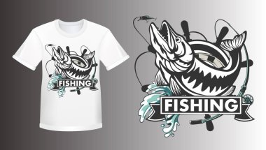 Pike fishing emblem shirt mockup. Pike fish logo vector. Outdoor fishing background theme. Angry fish logo.