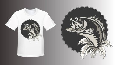 Fishing bass shirt mockup logo. Bass fish with rod club emblem. Fishing theme illustration. Fish Isolated on white.