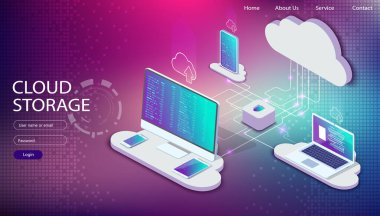 Cloud storage technology, users network configuration. Isometric advertisement poster with pc monitor, tablet, phone, laptop vector illustration. Website template.