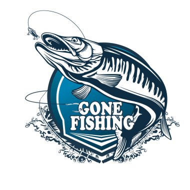Pike fishing emblem. Pike fish logo vector. Outdoor fishing background theme. Angry fish logo.