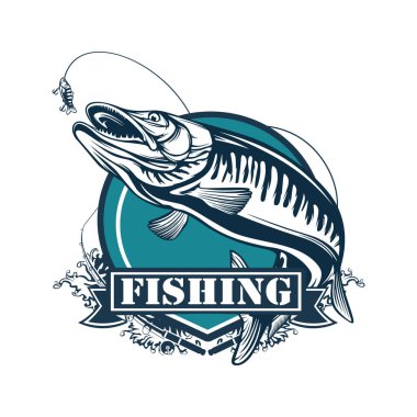 Pike fishing emblem. Pike fish logo vector. Outdoor fishing background theme. Angry fish logo.