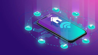 Akıllı ev kontrollü akıllı telefon. İnternet teknolojisi ev otomasyon sistemi. Ekran cep telefonunda duran küçük ev ve ev aletleri ikonlarıyla kablosuz bağlantılar. iot