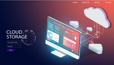 Cloud storage technology, users network configuration. Isometric advertisement poster with pc monitor, tablet, phone, laptop vector illustration. Website template.