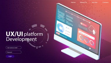 Parçalanmış arayüzü olan kavramsal bir bilgisayar. Kullanıcı deneyimi, e-ticaret kullanıcı arayüzü. Geliştirme uygulamaları için web sitesi kablosuz çerçevesi
