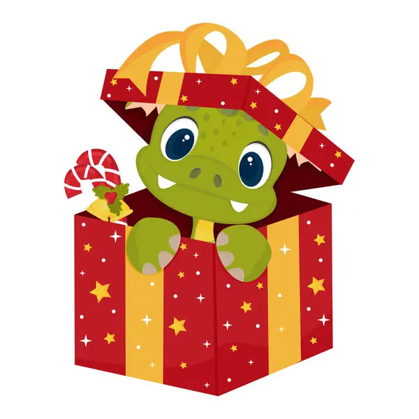 Cute little green dragon in a festive box. Surprise. A gift for Christmas. Isolated vector illustration