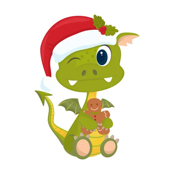 Cute little green dragon with gingerbread man. Gingerbread man. On a white background.