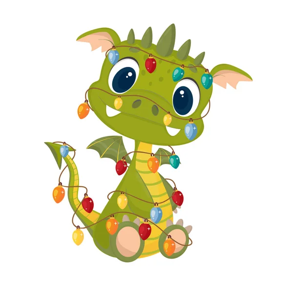 Cute little green dragon tangled in Christmas tree garland. On a white background.