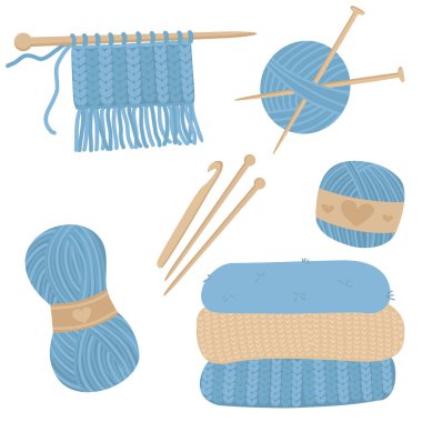 Örgü aksesuarları. Örgü iğneleri, iplik yumağı ve örgü iğneleri..