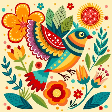 Çiçekli, kuş ve çiçekli bir arka plan. Etnik halk kuşları. Çiçek kanatlı dekoratif kuş İskandinav kültüründe stil kazanır.