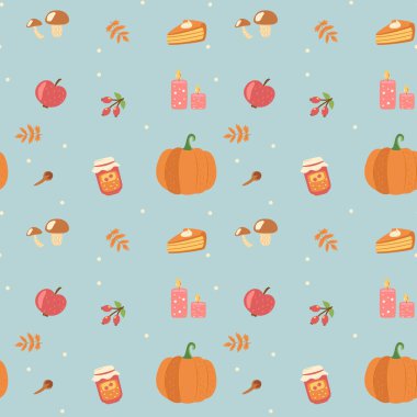 Mavi arka planda kusursuz desen, sonbahar motifleri. Samimi. Balkabağı, elma, gül, tarçın, mum, reçel, mantar, elmalı turta