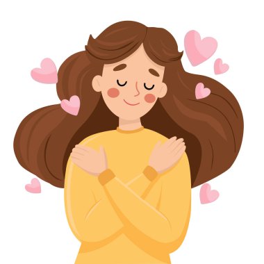 Kendini sev. Kendine sarılan hoş bir genç kadın. Vücut konseptine bayıldım. Düz biçim illüstrasyonu, vektör