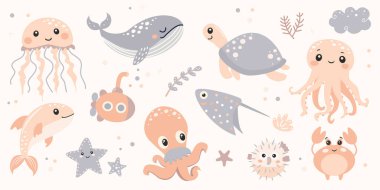 Bir grup sevimli deniz hayvanı. Düz bir şekilde vektör illüstrasyonu.