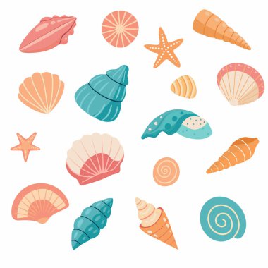 Deniz kabukları, yumuşakçalar, deniz yıldızları. Çıkartmalar için beyaz üzerine izole edilmiş deniz kabuğu koleksiyonunun modaya uygun düz çizimi.