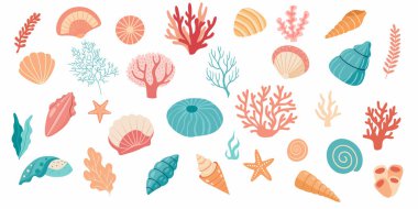 Mercan seti. Okyanus bitkileri, su altı bitkileri, yosun. Su bitkisi, yosun, tropikal deniz yatağı element vektörü.