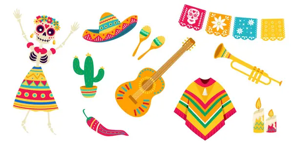 Cinco de mayonez vektörü ayarlandı. Meksika kafatası, sombrero, biber, Meksika şapkası, gitar, kaktüs, mum..