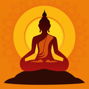 Vesak gününüz kutlu olsun, Buda Purnima Buda ve lotus resimleriyle selamlar. Poster, afiş, logo, geçmiş, selamlama, baskı tasarımı ve festival öğeleri için kullanılabilir. vektör illüstrasyonu.