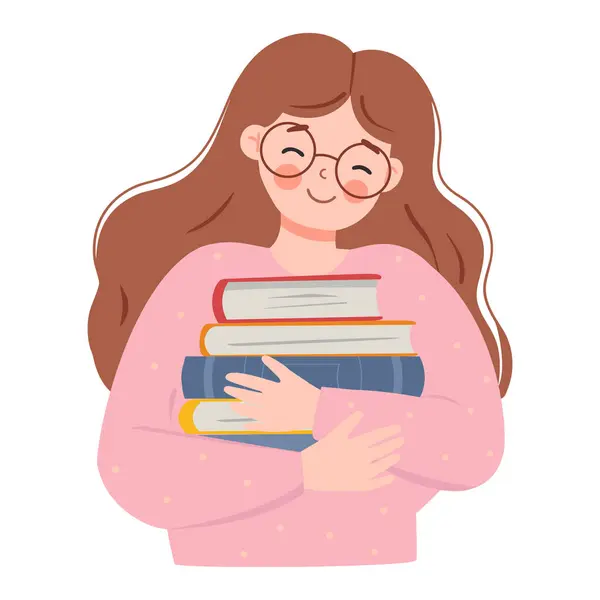 Κορίτσι Που Κρατάει Βιβλία Εικονογράφηση Διάνυσμα Ενός Κοριτσιού Γυαλιά Και — Διανυσματικό Αρχείο