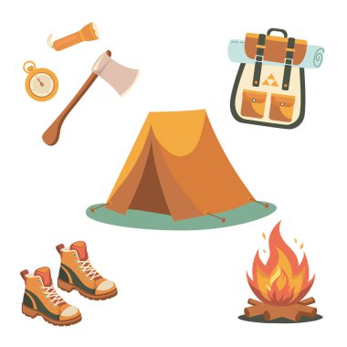 Kamp, yürüyüş malzemeleri seti. Yaz seyahati ve piknik malzemeleri. Turizm ve macera aksesuarı.