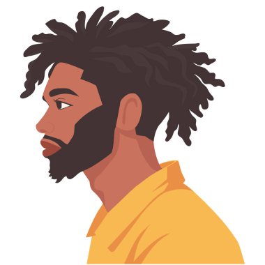 Afro saçlı bir adamın portresi. Koyu tenli bir adamın yan görünüşü, Afrikalı erkek portresi, Vektör illüstrasyonu.