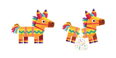 Tatlı renkli çizgi film Pinata. Konfeti ve şekerle kırılmış. Doğum günü kutlama vektörü illüstrasyonu ayarlandı.