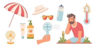 Yoğun ısı. Adam sıcaktan hasta olmuş. Güneş çarpması. Güneş koruma ürünleri. Fan, Water, Beach şemsiyesi, SPF, güneş gözlüğü, şapka