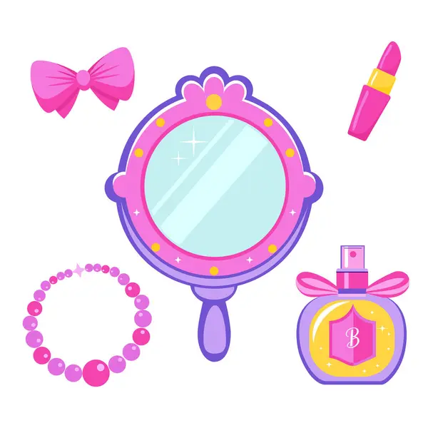 stock vector Vector illustration of a set of women's accessories: mirror, perfume, necklaces, bracelet, lipstick