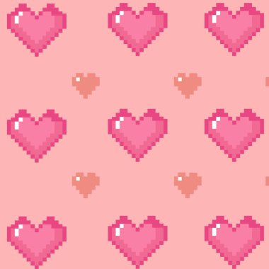 Sevgililer Günü 'nde kusursuz desen için inek pikseli kalpler. Pikselin arka planı eski bilgisayar oyunu tarzında. Vektör şablonu