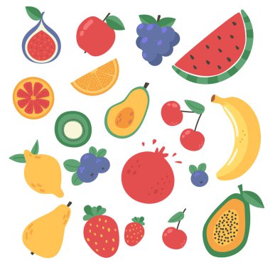 Meyveler ve böğürtlenler düz bir şekilde dizilmiş. Vektör illüstrasyonu.