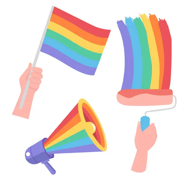 stock vector Pride Month. LGBT characters. A set of elements. Flag in hand, megaphone speaker, roller with rainbow paint.