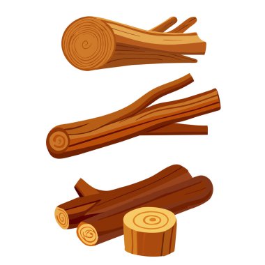 Kereste endüstrisi odun kütükleri. Ağaç gövdeleri, kütükler, kalaslar, yakacak odun yığınları. Kereste endüstrisi vektörü seti için kereste malzemesi.
