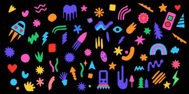 Soyut şekiller çıkartma paketi. Harika bir çiçek, baloncuk, yıldız, döngü, modaya uygun 90 'lar çizgi film tarzı dalgalar. Tasarım ögelerine sahip vektör illüstrasyonu.